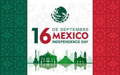 16 De Septiembre Independencia De México, means Mexico Independence Day 16th September. Banner with landmarks silhouettes and ornament patterns illustration. Great for cards, posters, banners 