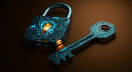 Stylized Lock and Key with Illuminated Components Representing Security, Access Control, and Digital Protection