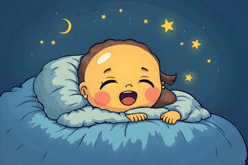 Child Sleeping Peacefully Under Stars Cartoon Illustration