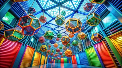 Vibrant Geometric Installation in a Colorful Architectural Space Featuring Suspended Prismatic Ornaments