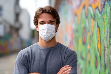 Young Man in Face Mask Near Graffiti Wall