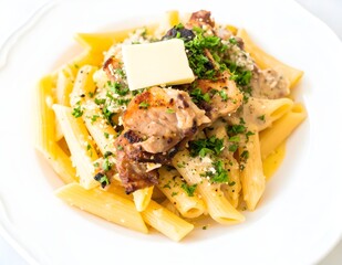 Delicious Pasta Dish with Chicken and Butter on White Plate