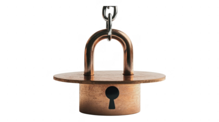 Unique transparent copper lock hanging from chain in minimalistic style