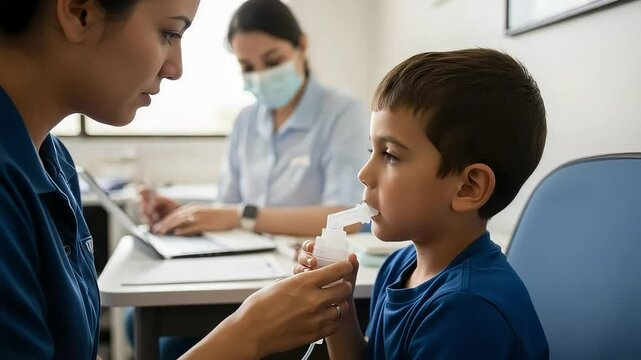 Young boy receiving nebulizer treatment from healthcare professional in clinic