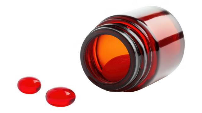 Red glass bottle spills droplets on a white surface with an transparent background - Powered by Adobe