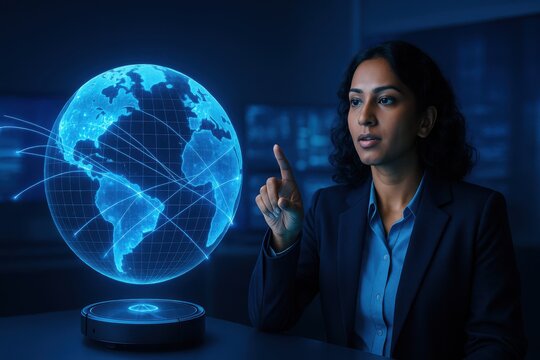 Businesswoman interacting with holographic globe showing global AI data connections in tech command center

