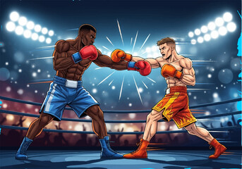 Intense Boxing Match in Stadium with Two Fighters Throwing Punches