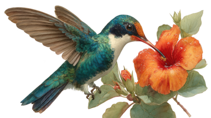 A vibrant hummingbird with iridescent feathers hovering near a bright orange hibiscus flower, feeding on nectar, isolated on transparent background
