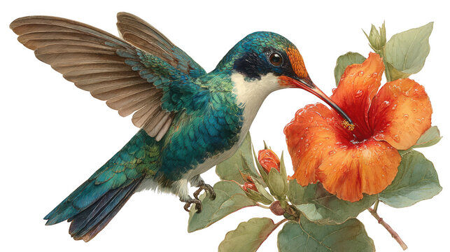 A vibrant hummingbird with iridescent feathers hovering near a bright orange hibiscus flower, feeding on nectar, isolated on transparent background