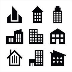 Collection of Nine Black and White Building Icons Representing Various Architectural Styles