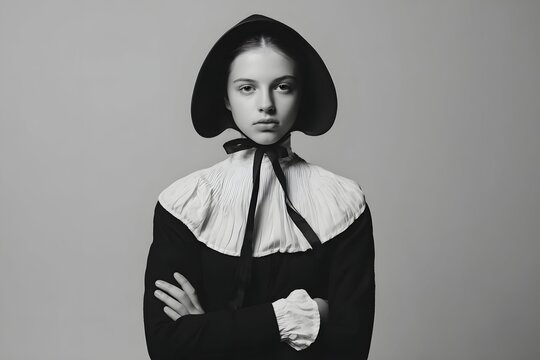 A stoic figure embodies deep modesty and quiet strength through strict simplicity.