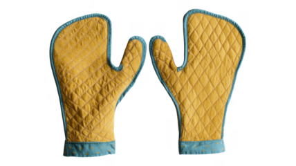 Colorful quilted oven mitts displayed on a white background for kitchen use