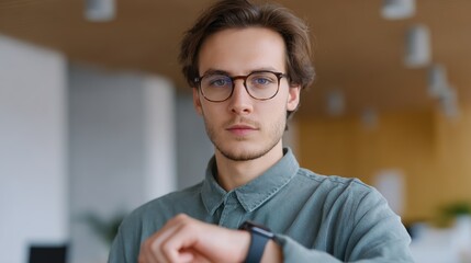 Fototapeta premium Focused Time: A sharp portrait of a modern professional, gazing intently at a smartwatch, embodying focus and precision in a contemporary setting.