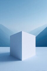 Minimalist design showcases solitary cube against serene blue mo