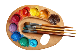Wooden art palette with paint and brushes