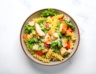 Delicious Chicken Pasta Salad with Fresh Vegetables and Croutons in a Bowl