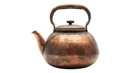 Copper kettle with a round body and curved handle sits on a simple, transparent background