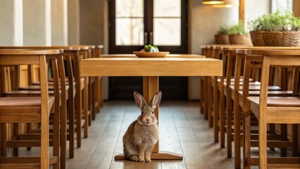 A rabbit sits alone in a wooden restaurant, surrounded by empty chairs and a table, creating a serene yet unusual dining atmosphere.