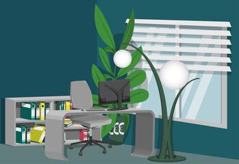 Office desk setup home office for work from home or cabin with bookshelf table chair pc computer files folder book  on room background