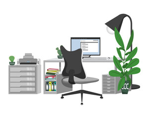 Office desk setup for home office work from home or freelance with bookshelf table chair pc computer files folder book  on white background and with cabinet printer houseplant