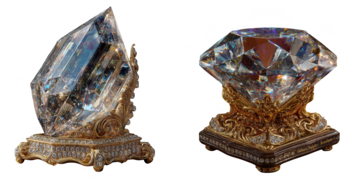 Two ornate decorative objects featuring large cut diamonds on decorative bases, isolated on transparent background