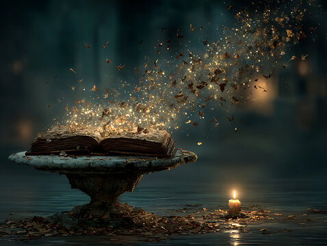 Open book with magical glowing particles and candle in dark atmosphere
