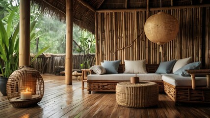 Rainy Season Serenity Inside Vintage Bamboo Hut — Cozy Interior with Woven Textures, Lanterns, Cushions, and Peaceful Ambience for Warm Home Decor Inspiration

