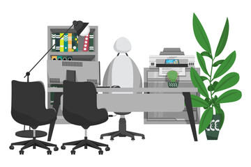 Office setup for home office work from home or freelancer manger executive customer relation with bookshelf table chair pc computer files folder book and with cabinet printer houseplant