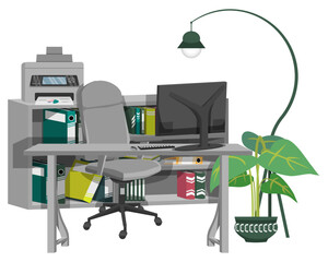 Office setup for home office work from home or manger executive customer relation with bookshelf table chair pc computer files folder book and with cabinet printer houseplant