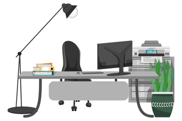 Office setup for home office work from home or manger executive customer relation with table chair pc computer files folder book and with printer houseplant