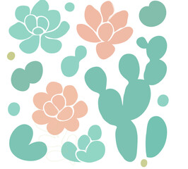 Collection of stylized succulent and cactus plant illustrations in pastel colors on a white background.