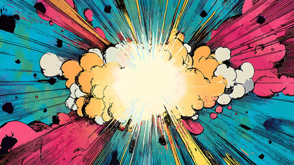 Comic book explosion superhero birthday invite, space for party details in a vibrant speech bubble
