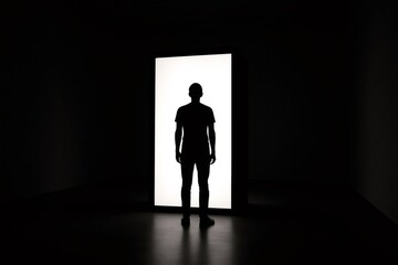 Obraz premium Silhouette of a visitor looking at an illuminated box exhibit in a dark museum room, creating a mysterious and captivating atmosphere