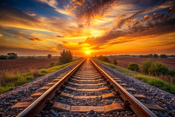 Fototapeta premium Golden Hour Railroad Tracks Leading Towards a Vibrant Sunset Sky With Clouds Over a Rural Landscape