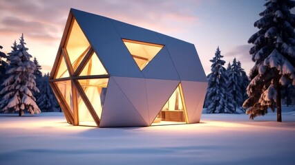 Modern Glass House in Snowy Forest at Dusk - Powered by Adobe