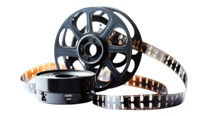 Classic film reel and filmstrip on a neutral background create a nostalgic atmosphere