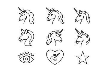 Fototapeta premium Unicorn heads and symbols line art horse horn