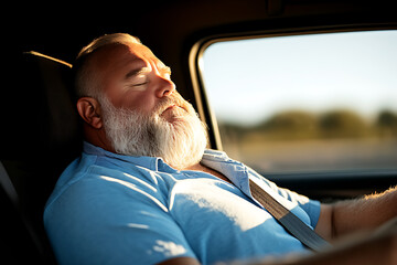 Man napping in car with seatbelt on. Sunlight bathes his face. The road blurs in the background, suggesting a long journey and a much needed rest.