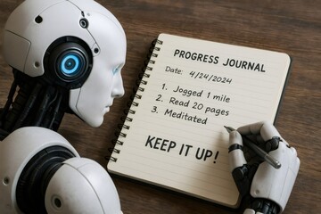 Humanoid robot writing its daily progress in a journal, including jogging, reading and meditating