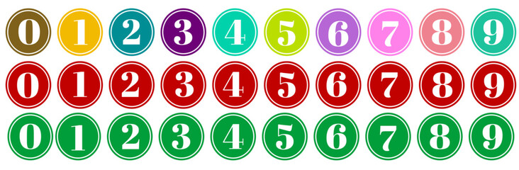 Colorful bullet points numbers from 0 to 9. 