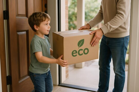 Courier handing an eco friendly package to a child at home, promoting sustainable delivery practices while brightening the kid's day - Powered by Adobe