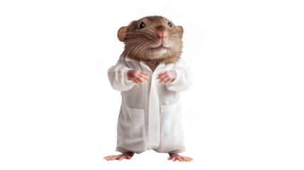 Rodent in a lab coat poses against an transparent background suggesting scientific exploration