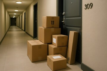 Cardboard boxes accumulating in front of an apartment door, filling the hallway of a residential building, reflecting home delivery logistics