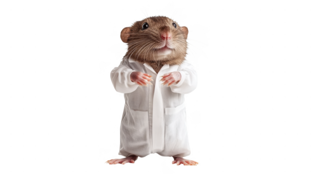 Rodent in a lab coat poses against an transparent background suggesting scientific exploration