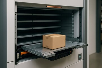 Automated storage and retrieval system transporting cardboard boxes within a cutting edge logistics center, enhancing efficiency and innovation in supply chain operations