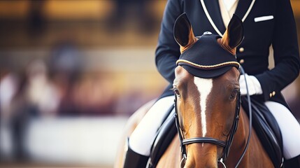 Dressage horse portrait before the competition. Photo on dark background.