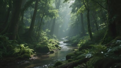 Obraz premium Sunlit Stream Winding Through a Lush, Verdant Forest