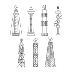 Set of Radio Tower Building Outline Line Art Collection isolated on white background, global digital technology construction with 5G, 4G, and mobile network equipment