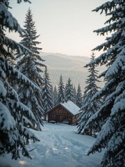 Cozy Wooden Cabin Nestled Amidst Snow-Covered Pine Forest in a Serene Winter Wonderland
