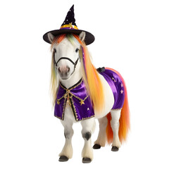 An adorable white pony with a vibrant rainbow mane and tail dressed in a purple witch costume for a festive Halloween celebration.